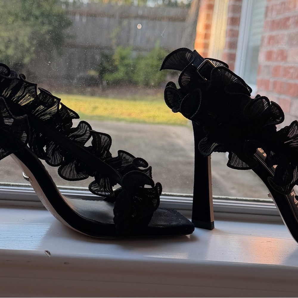 Gianni Bini Black Ruffle Ankle-Strap Heels - Picture 3 of 6